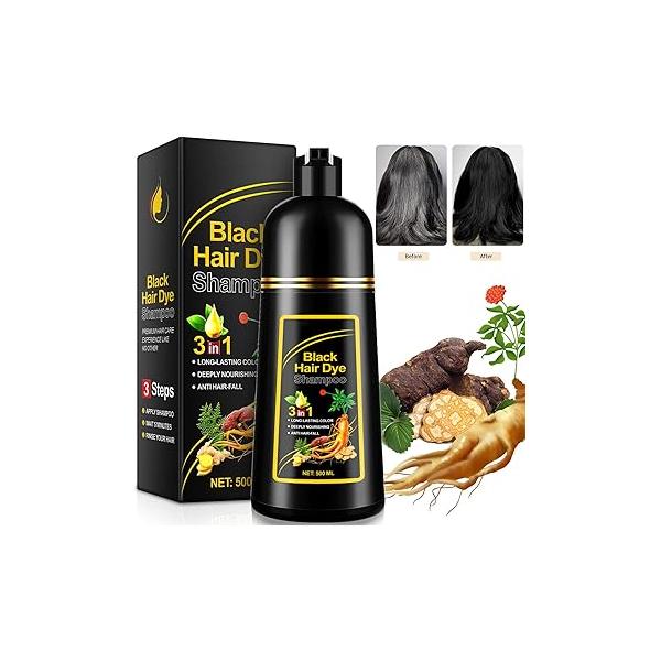 Black Hair Dye Shampoo 3 in 1 for Gray 500ML Instant Color Men & Women - Dark Colors Minutes Long Lasting