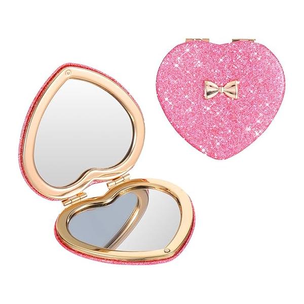 Heart Compact Folding Mirror, Portable Travel Magnifying Makeup Mirror 1X/2X Mini Vanity Cosmetic Mirrors Double-Sided Cute Glitter for Women Home Office
