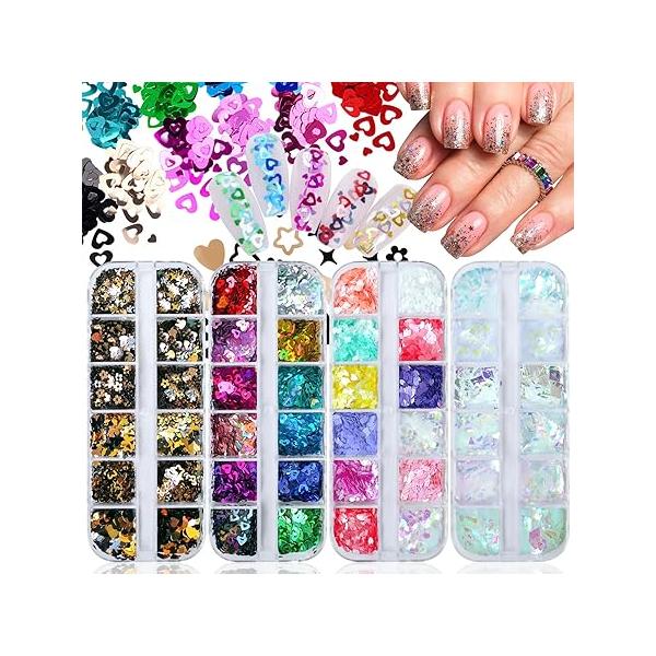 4 Box Nail Glitter for Press on Nails DIY Supplies, Chunky Acrylic Powder Fine Fake Decor, Holographic Shapes Flakes Sequins Charms Y2K-B