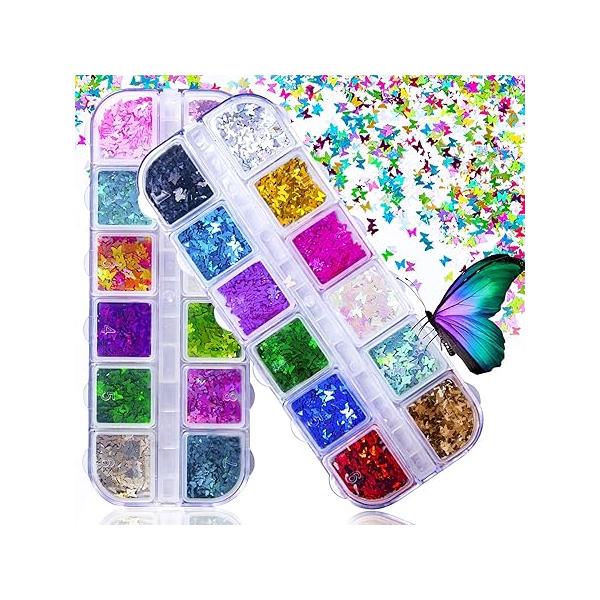 3D Holographic Butterfly Nail Glitter - 24 Color Set Sequins Laser Acrylic Paillettes for Art Decoration & DIY Crafting
