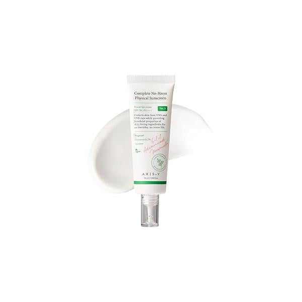 AXIS-Y Complete No-Stress Physical Sunscreen V3 - SPF 50 Mineral with 2% Niacinamide, Zinc Oxide Sunblock for Broad Spectrum Sun Care Vegan Korean Skin -1.69 fl. oz.