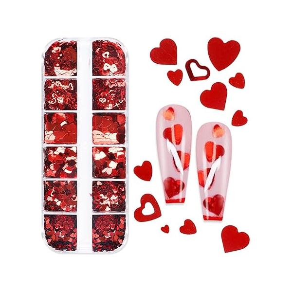 6 Jars Heart Nail Art Glitters Sequins Holographic Valentine's Day Glitter Red Love Designs Sequin Powder Hexagon Chunky Flakes Valentines Nails Decorations DIY Crafts