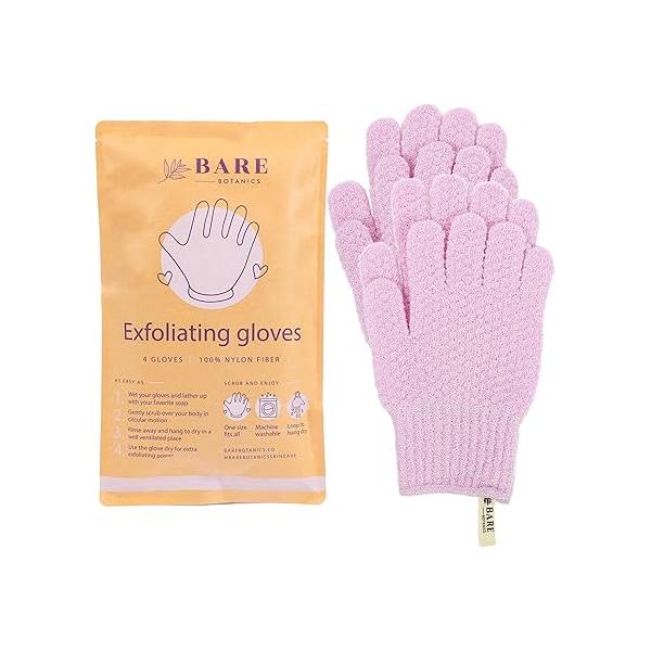 Bare Botanics 4 Pack Exfoliating Gloves for Shower (Lavender) - 100% Nylon Fibers Bath Scrubber & Dead Skin Remover Perfect Wet Dry Exfoliation