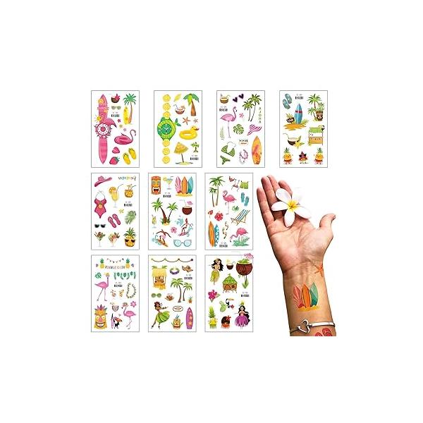 10 Sheets Hawaiian Temporary Tattoos Summer Topic Surfing Tattoo Sticker Coconut Tree for Men Women Holiday Sea Beach Party Favor Makeup Costume Supplies