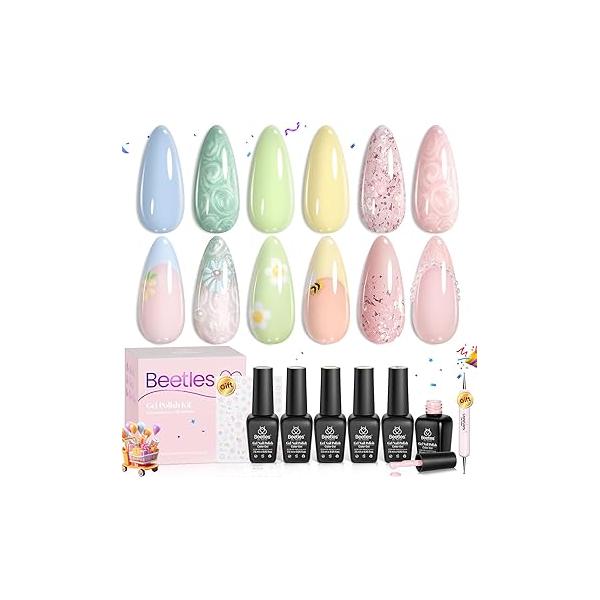 Beetles Pink Gel Nail Polish Set - 6 Colors Shimmer Kit Hot Pearl White Glitter Color Reverie Collection Soak Off Uv LED Lamp Gift for Women & Girls