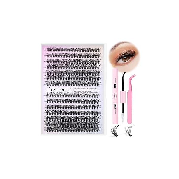 Pawotence Lash Extension Kit DIY 280pcs Clusters Eyelash Kit, 9-16mm 30D 40D Individual Lashes with Bond and Seal, Tweezers for Self Use (30D&40D, 0.07D, 9-16mm, Kit)