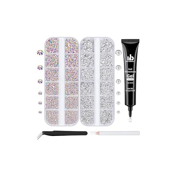 Nail Art Rhinestone Glue Gel&2 Boxes Flatback Gems Kit, 1 Tube of 15ml Gel Glue+Colorful Gems+Flat Back Round Glass Crystal AB&Clear Gemstones with Pickup Tools