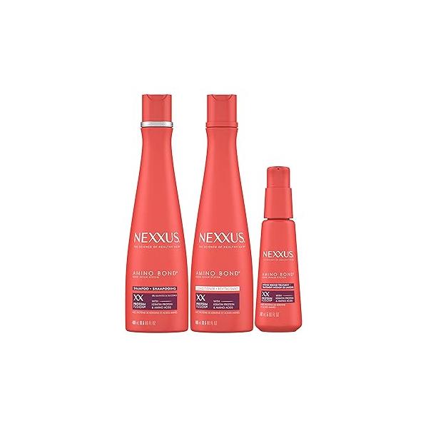 Nexxus Bond Repair Shampoo, Conditioner & Intense Rebond Treatment Bundle Amino 3 Pack for All Types of Damaged Hair, with Keratin Protein and Acids,