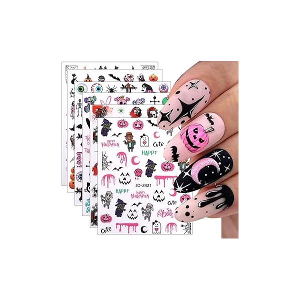 Halloween Nail Art Stickers Decals, 3D Self-Adhesive Decals Supplies Horror Eyes Hand Skull Designs Pumpkin for Women Girls DIY Decoration 6 Sheets