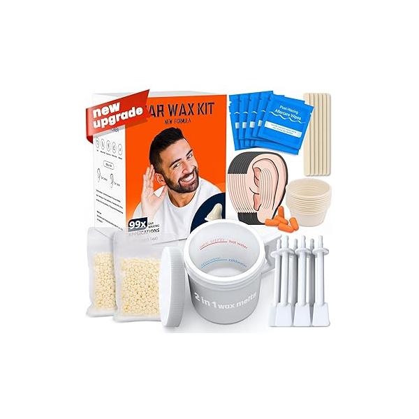 2-in-1 Ear & Nose Waxing Kit for Men Women | 100g Hair Removal Wax + 99pc 20 Applicators, 10 Nasal Sticks, 15 Wipes Earplugs No Microwave Needed Kit, Remover