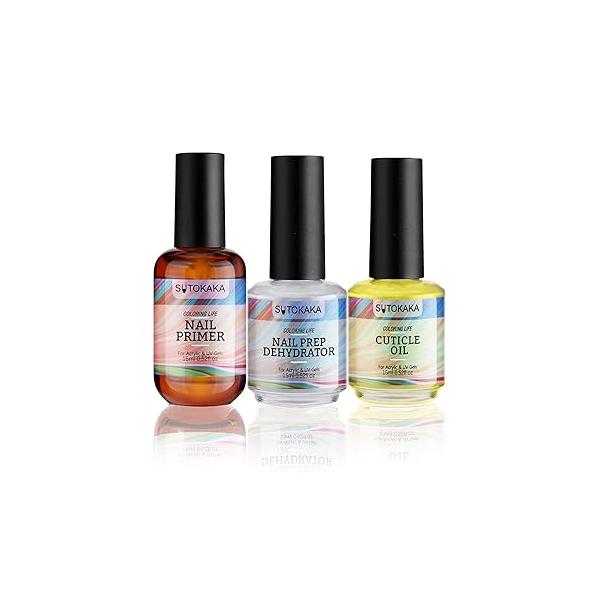 3Pcs Nail Dehydrator and Primer Cuticle Oil for Acrylic Gel Nails 15ml Professional Acid Free Bonding Prep Set No Burns Manicure Bonder Liquid DIY Home Salon