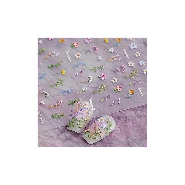 5D Spring Flower Nail Sticker Relief Back Glue Daisy Lavender Art Stickers Self Adhesive Lily Tulip Orchid Designs Decals Decorations for Women’s Manicure DIY