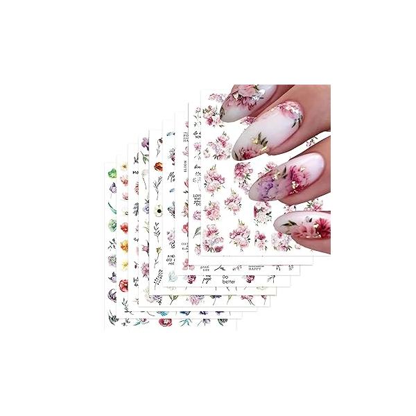 Baoximong 9 Sheets Flower Nail Art Stickers Decals 3D Self-Adhesive Spring Floral Supplies Charming Daisy Leave Peony Accessories for Women Decorations Design