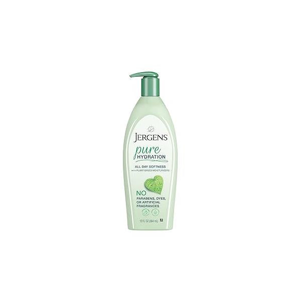 Jergens Pure Hydration Body Lotion, Plant Based Moisturizer Hydrates Dry to Extra Skin, Paraben and Cruelty Free, Fragrance Free Formula, 24hr Hydration, 13 Oz
