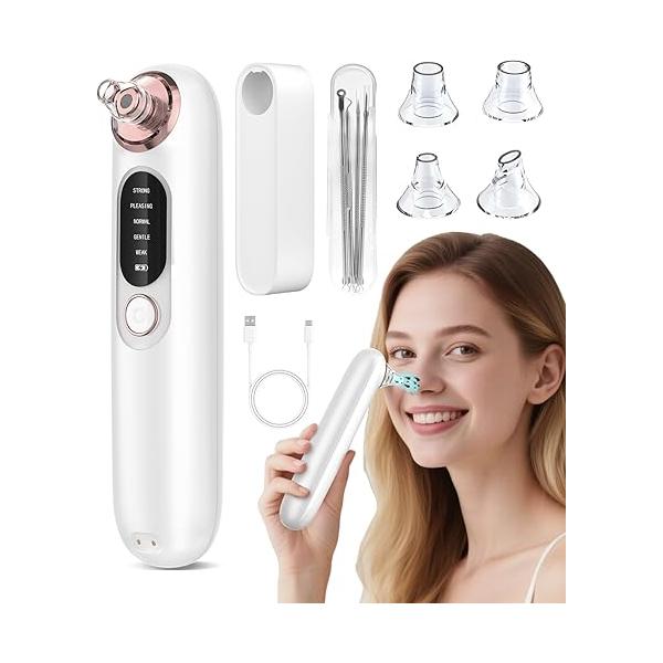 5-Speed Blackhead Remover for Sensitive Skin, Wireless Charging Face Pore Cleanser with 4 Removable Heads and Stainless Steel Kit | 30-Second Keratin Softening, Hypoallergenic Deep Cleansing