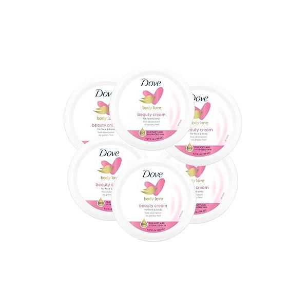 Dove Nourishing Body Care, Face, Hand, and Beauty Cream for Normal to Dry Skin Lotion Women with 24-Hour Moisturization, 6-Pack, 5.07 Oz Each Jar