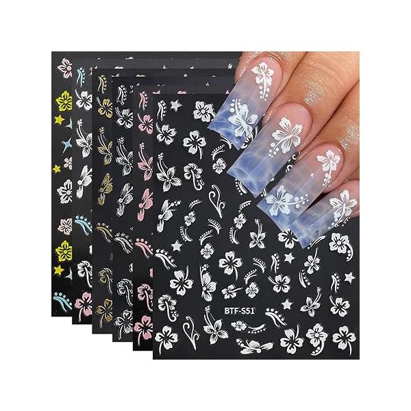 Flower Nail Stickers, Hibiscus Decals 3D Self-Adhesive White Pink Gold Pattern Summer Design Manicure Tropical Accessories for Women Girls(6Sheets), FHJKMG01
