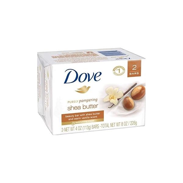 Dove Soap, Shea Butter Beauty Bar Pack (2 Soap Bars) - 3-in-1 Moisturizing Face, Body & Hand 4 oz Ea