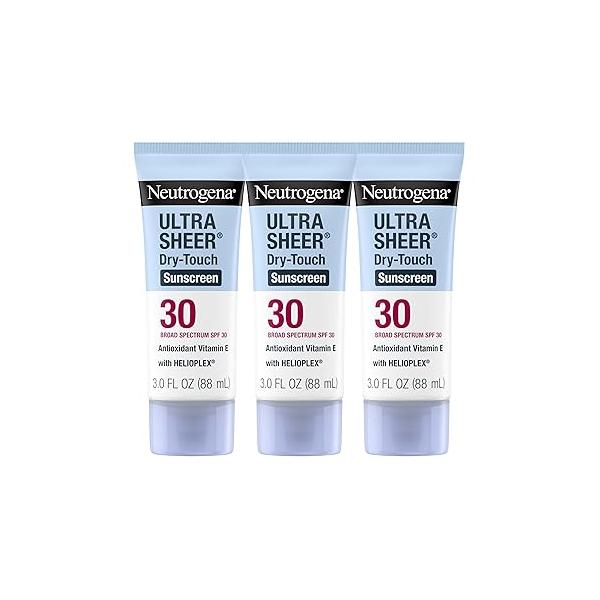 Neutrogena Ultra Sheer Dry-Touch Sunscreen For Face & Body, SPF 30 Broad Spectrum UVA/UVB Protection, Lightweight Water Resistant Non-Greasy, Travel Size Sunscreen, 3 fl. oz, Pack of
