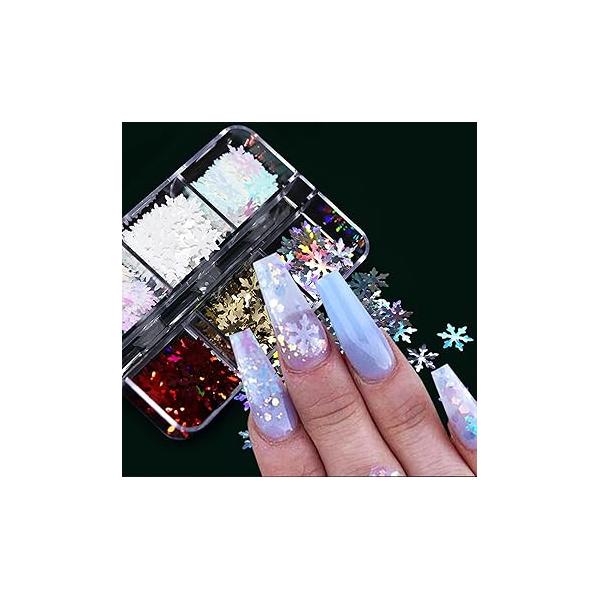 6 Grids Snowflake Glitter Nail Sequins -Winter 3D Colorful Christmas Charms Holographic Flakes Xmas Sticker Decals Manicure Art Design for Women DIY Makeup Decoration
