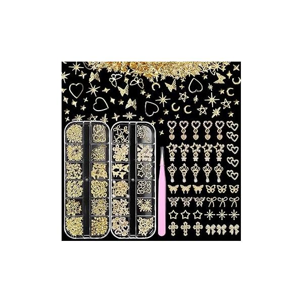2 Boxes 300 Pcs Gold Nail Charms, Cherry Bows Star Heart Crosses Butterfly Crown Multi Shapes Golden Art Studs, Y2K Charms for DIY