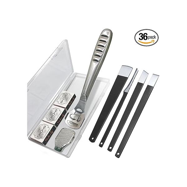 36 Pcs Callus Shaver for Feet Set, (1Stainless Foot File &1 Heads & 30 Replacement Slices Blades 4 Pedicure Knife), Professional Remover Tools Wet and Dry
