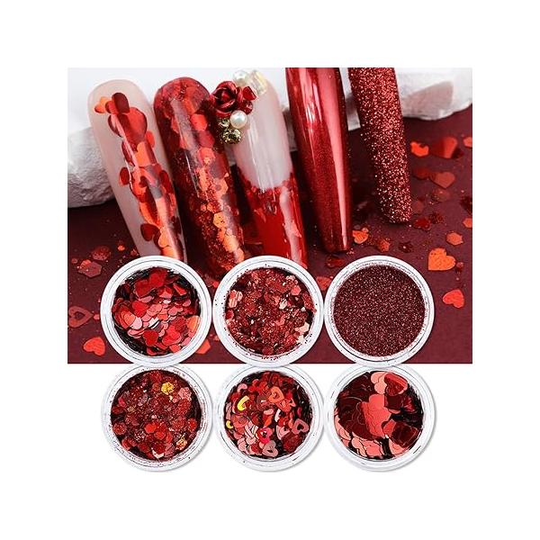 6 Jars Heart Nail Art Glitters Sequins Holographic Valentine's Day Glitter Red Love Designs Sequin Powder Hexagon Chunky Flakes Valentines Nails Decorations DIY Crafts