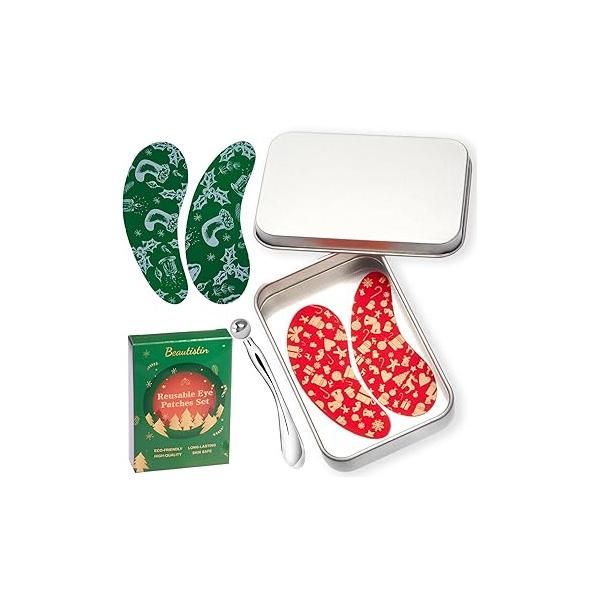 2 Pairs Reusable Under Eye Wrinkle Patches Silicone Mask, Plump Fine Lines & Wrinkles, with Metal Cream Applicator, Tin Case, Purple