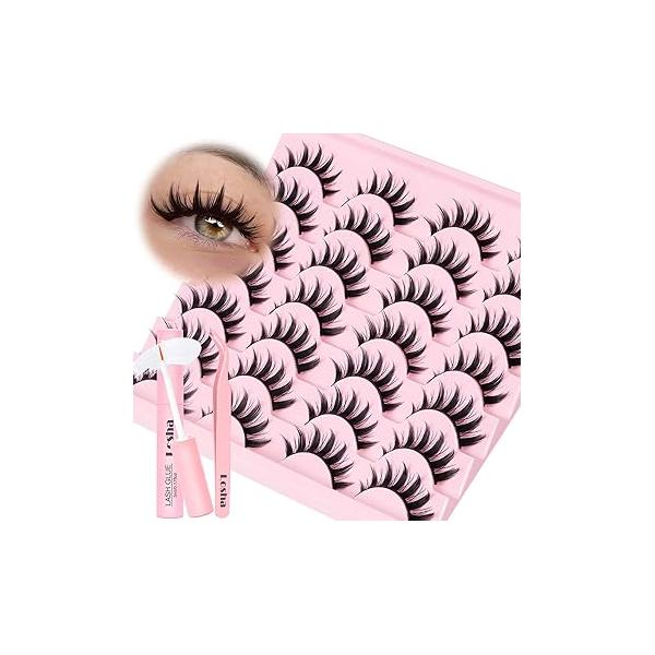 Losha Lashes Spiky Manga 14 Pairs Anime False Eyelashes 8D Wispy Eye Kit with Lash Glue and Tweezers Natural Soft Fake (Cutes)