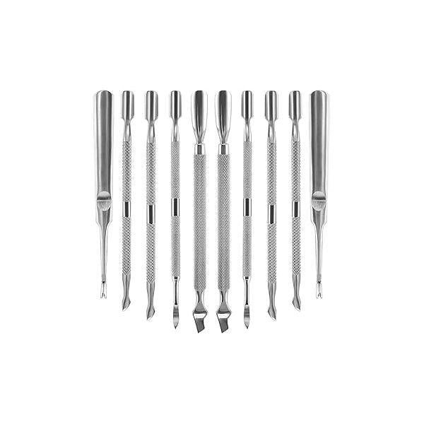 10Pcs Cuticle Pusher Cutter and Remover, Professional Double Ended Stainless Steel Dual Head Tool Nail Care Polish Remover Trimmer, Durable Manicure Pedicure (Silver)