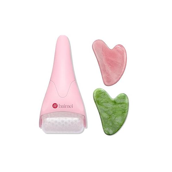 BAIMEI Ice Roller for Face and Rose Quartz Gua Sha Facial Tool, Massager Tool Puffiness