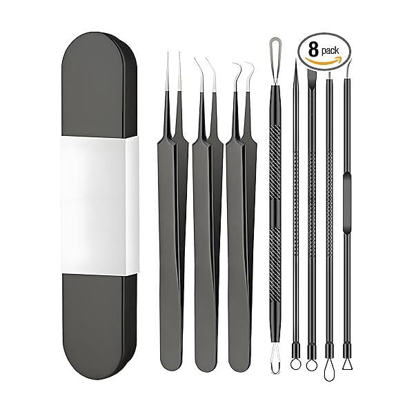 8 PCS Stainless Steel Blackhead Remover Kit,Acssart Remover,Pimple Popper Tool Kit,Pimple Extractor,Pore Cleaner Tool,Gentle and Easy to Clean (Black)