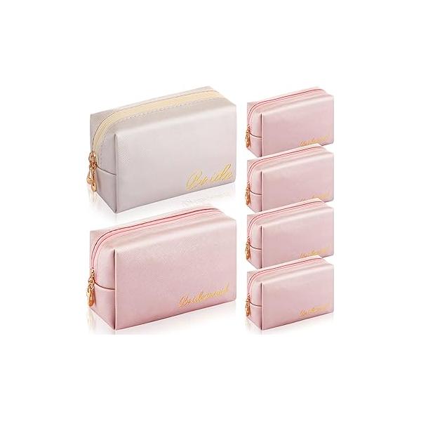 Hillban 6 Pcs Bride and Bridesmaid Cosmetic Bag PU Leather Makeup Waterproof Pouch Purse Toiletry Gifts for Bridal Shower, Wedding, Bachelorette Party(White, Ivory White)