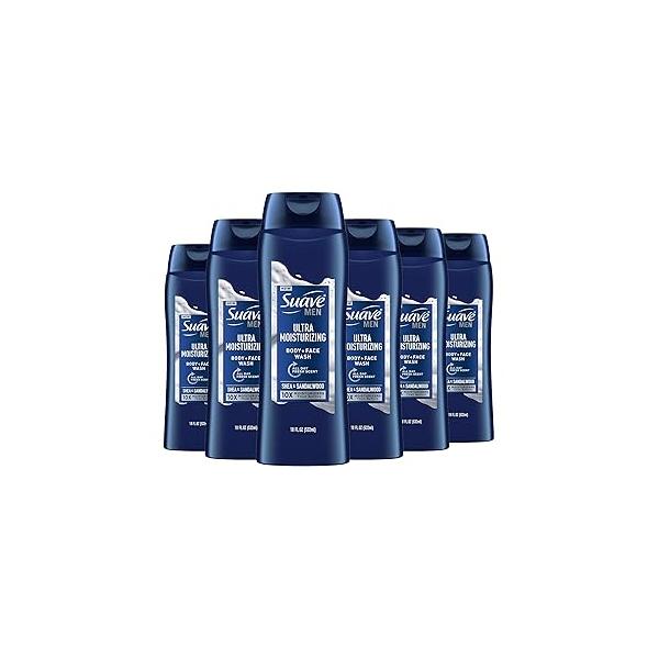Suave Men Ultra Moisturizing Body & Face Wash, Shea Sandlwood Scent, No Parabens, Phtahaltes, 18 Oz Pack of 6
