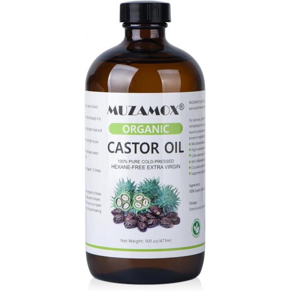 Castor Oil Organic Cold Pressed Unrefined Glass Bottle, 100% Pure and Hexane Free, Ideal for Pack, Skin Care, Hair Growth, 16 Fl Oz
