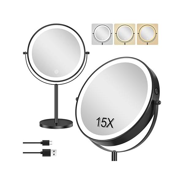 ALHAKIN 9" Lighted Makeup Mirror, 1X/15X Magnifying Mirror with Light Double Sided, Large Size 360°Rotation Magnification, 3 Colors Brightness Adjustable Vanity