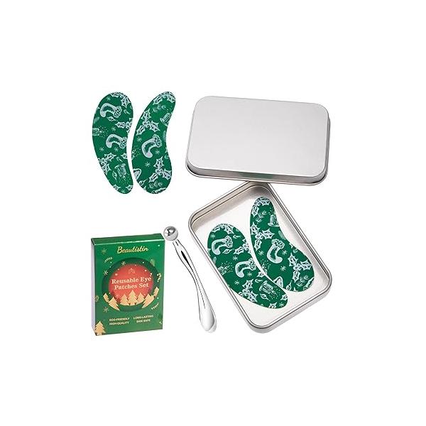 2 Pairs Reusable Under Eye Wrinkle Patches Silicone Mask, Plump Fine Lines & Wrinkles, with Metal Cream Applicator, Tin Case, Purple