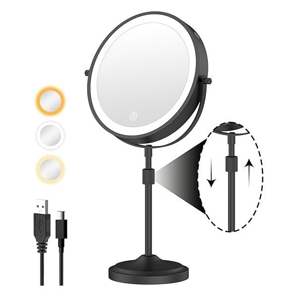 9" Lighted Makeup Mirror with 1X 10x Magnification, 5000mAh Rechargeable Led Magnifying Vanity mirror lights, 3 Lighting Colors, Brightness Dimmable Height Adjustable Cosmetic Black