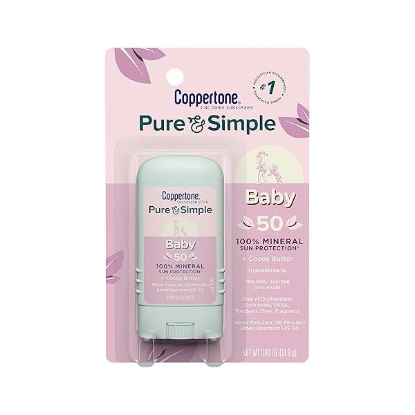 Coppertone Pure and Simple Baby Sunscreen Stick SPF 50, Zinc Oxide Mineral for Baby, Body Face, 0.49 Oz