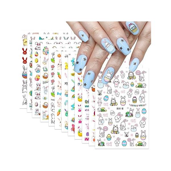 12 Sheets Easter Nail Art Stickers Decals Bunny Self-Adhesive Egg Supplies for DIY Decoration 3D Adhesive Accessories Women Designs