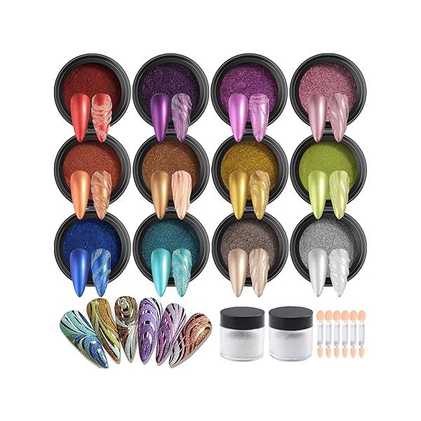 Chrome Nail Powder Set 14 Colors Pink Blue Silver Metallic Effect Mirror for Nails With Brushes Holographic Pigment Chameleon Flakes Gold Leaf Decoration Supplies