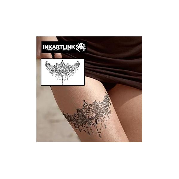 Temporary Tattoos, 2 Sheets Medium Semi Permanent Tattoo Adult Art Design Waterproof Temp Party Favors Realistic Look, No Adhesive, Reflection, Lasts 1-2 Weeks Black (Lotus)