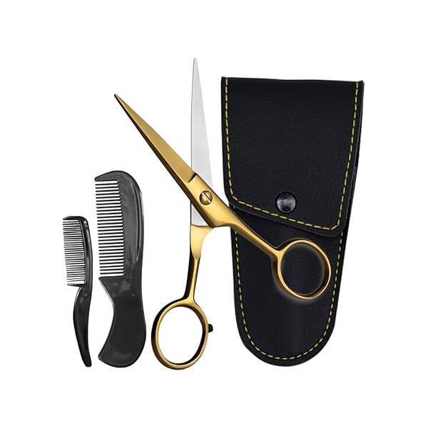 Ontaki 5" Professional German Beard & Mustache Scissors with 2 Comb Carrying Pouch for Men - Bevel Edge Precision Facial Hair Grooming Kit All Body Black Trimming