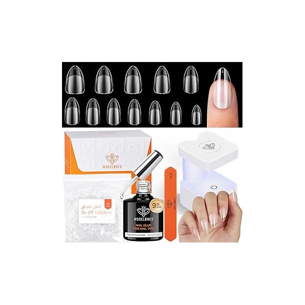 modelones Gel Nail Kit Short Almond Tips, 9-in-One Glue with Portable U V Lamp, 216Pcs 12Sizes Press On Acrylic False Nails Tip Extension DIY Art Gift for Women