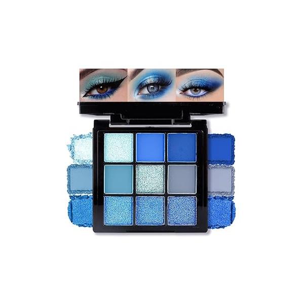 AMY'S DIARY Matte Shimmer Light Deep Blue Eye Shadow Palette Makeup,Eyeshadow Long Lasting Waterproof Cruelty-Free, 9 Blendable Shades in Smooth Finishes with Gorgeous Pearls for Girls (Blue)