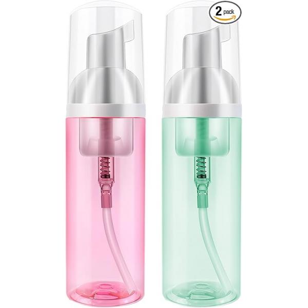 2 Pack Travel Foam Pump Bottle 60 ml/2 oz Small Size Spray & Dispenser for Face Wash, Lash Shampoo, Skin Care - Clear Plastic Mini Empty Refillable Containers （Pink and Green）