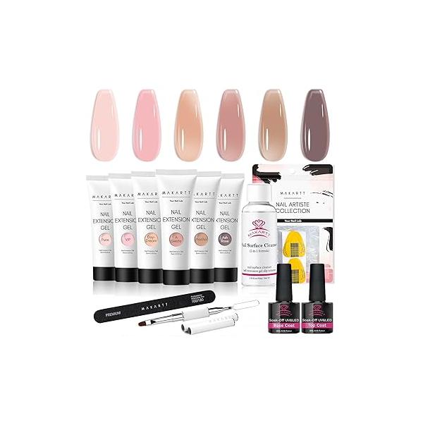 Makartt Poly Nail Gel Kit: 6 Nude Colors Solid Builder 15ML for Extension Enhancement Set with Slip Solution Base Top Coat Dual Forms All in One Hard Gels Nails Starter Supplies Kit