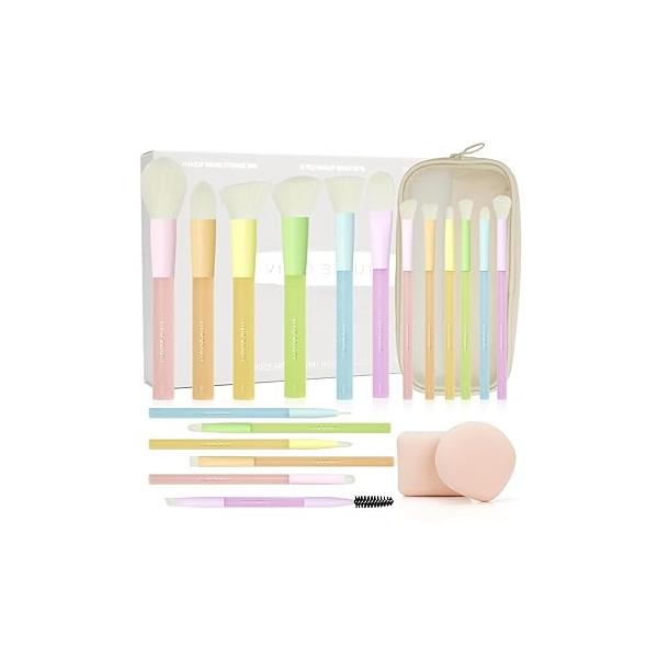 18pcs Colorful Makeup Brush Set with Make up Bag and Sponge Applicators for Liquid Foundation - Professional Cosmetics Tools Blush Blending Blender Brushes Gift Pack (Multi-Colored)