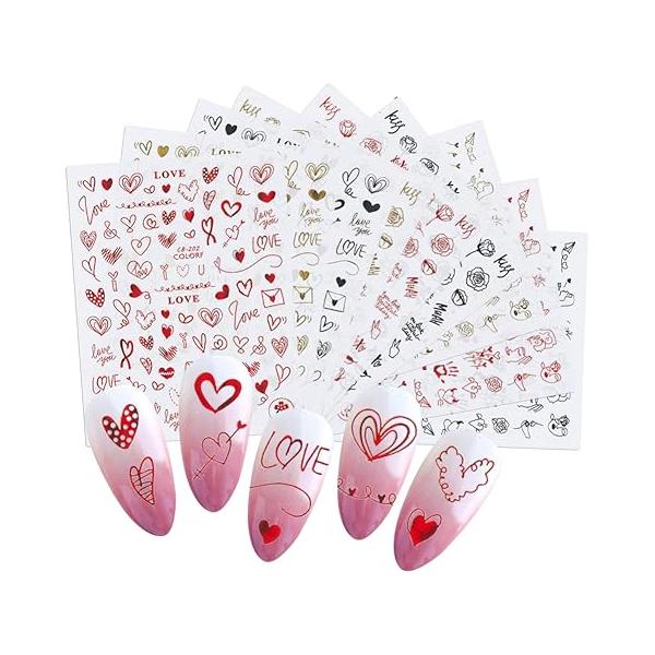 9 Sheets Valentine's Day Nail Art Stickers Valentines 3D Self-Adhesive Decals for Gel Nails Designs Gold Glitter Sticker Woman Girls Kids DIY Valentine’s Decorations