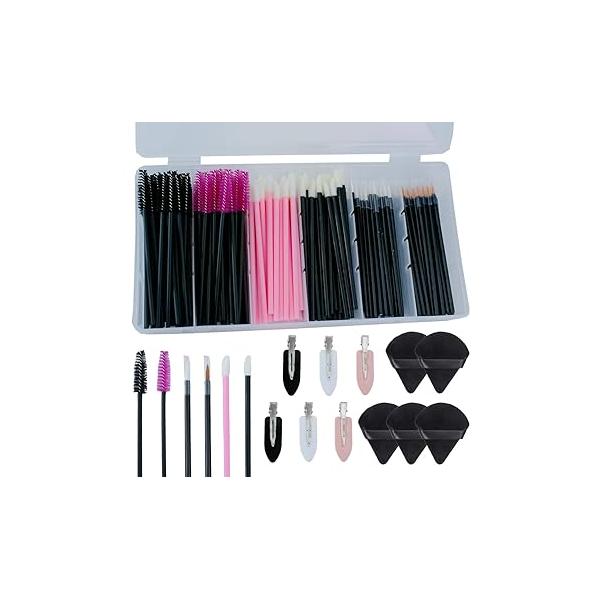 201pcs Disposable Makeup Applicators Kit with 80 Mascara wands Lip 30 Eyelash liner Brushes 5 Triangle Puffs and 6 Bobby Pins for Artist Supplies